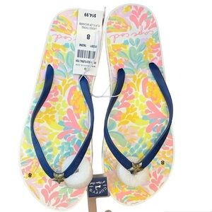 🌈 6/$60 Cuffy’s Cape Cod Thong Flip Flops Starfish Navy Blue Floral Print Size 8
